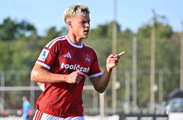 September 15, 2025 Soccer Season 2025–2026 Bavarian Regional League Matchday 9 FC Nuremberg II (FCN) vs. TSV Schwaben Augsburg MeZi xmexzix Goal celebration Cheering Joy after a goal Goal Shot on goal for the 1–0 lead by Levin Chiumento 9, 1 FC Nuremberg FCN II