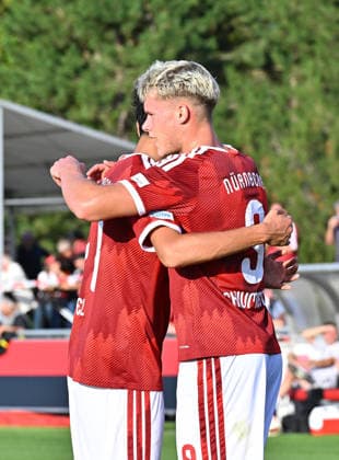 September 15, 2025 Soccer Season 2025–2026 Bavarian Regional League Matchday 9 FC Nuremberg II (FCN) vs. TSV Schwaben Augsburg MeZi xmexzix Goal celebration Cheering Joy after a goal Goal Shot on goal for the 1–0 by Levin Chiumento 9, 1 FC Nuremberg FCN II