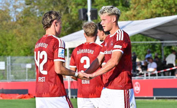 September 15, 2025 Soccer Season 2025–2026 Bavarian Regional League Matchday 9 FC Nuremberg II FCN Club TSV Schwaben Augsburg MeZi xmexzix Goal celebration Cheers Joy after a goal Goal Shot on goal for the 1–0 by Levin Chiumento 9, 1 FC Nuremberg FCN II with Luca Horst 42, 1 FC Nuremberg FCN II, left