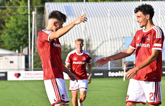 September 15, 2025 Soccer Season 2025–2026 Bavarian Regional League Matchday 9 FC Nuremberg II (FCN) vs. TSV Schwaben Augsburg MeZi xmexzix Goal celebration Cheering Joy after a goal Goal Shot on goal for the 2–0 lead by Pascal Fuchs 6, 1 FC Nuremberg FCN II, left