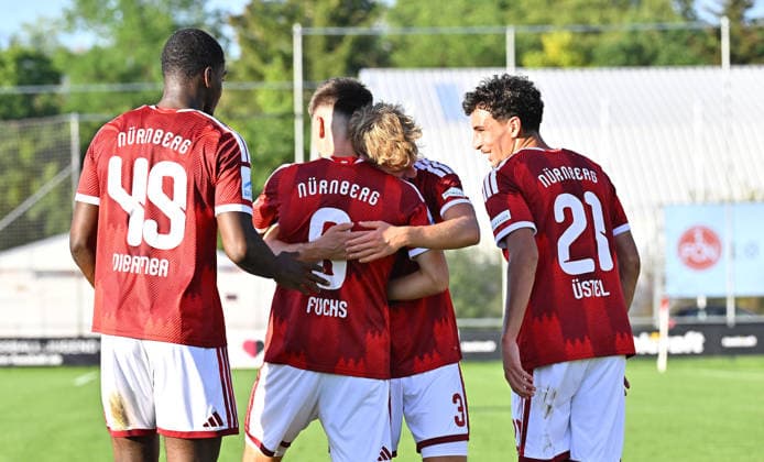 September 15, 2025 Soccer Season 2025–2026 Bavarian Regional League Matchday 9 FC Nuremberg II (FCN) vs. TSV Schwaben Augsburg MeZi xmexzix Goal celebration Cheering Joy after a goal Goal Shot on goal for the 2–0 lead by Pascal Fuchs 6, 1 FC Nuremberg FCN II