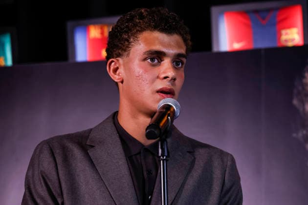 September 15, 2026, Barcelona, Barcelona, SPAIN: Hamza Abdelkarim attends his press conference, PK, Pressekonferenz during his renovation as player of FC Barcelona, Barca at Museum of FC Barcelona on September 15, 2026 in Barcelona, Spain. Barcelona SPAIN - ZUMAa181 20260915_zaa_a181_073 Copyright: xJavierxBorregox