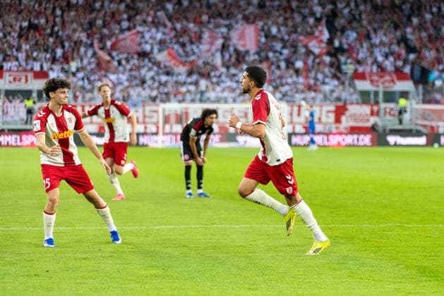 September 15, 2026, Soccer, GER, Season, 3rd Division, 2026–2027 Season, Matchday 6, SSV Jahn Regensburg vs. Fortuna Düsseldorf, Celebration after Nassim Boujellab’s 1–0 goal, SSV Jahn Regensburg. DFL regulations prohibit any use of photographs as image sequences and or quasi-video.
