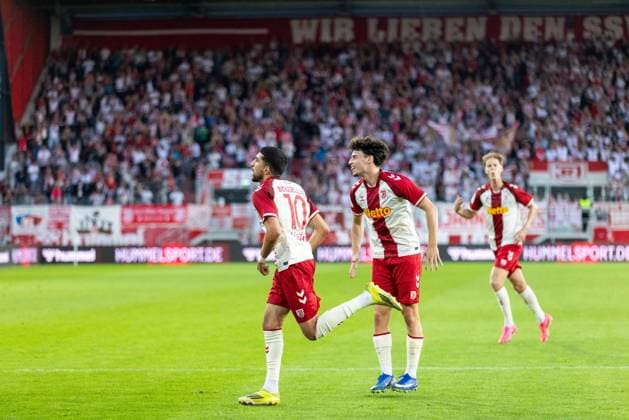 September 15, 2026, Soccer, GER, Season, 3rd Division, 2026–2027 Season, Matchday 6, SSV Jahn Regensburg vs. Fortuna Düsseldorf: Celebrations after Nassim Boujellab’s 1–0 goal. SSV Jahn Regensburg. DFL regulations prohibit any use of photographs as image sequences and or quasi-video.