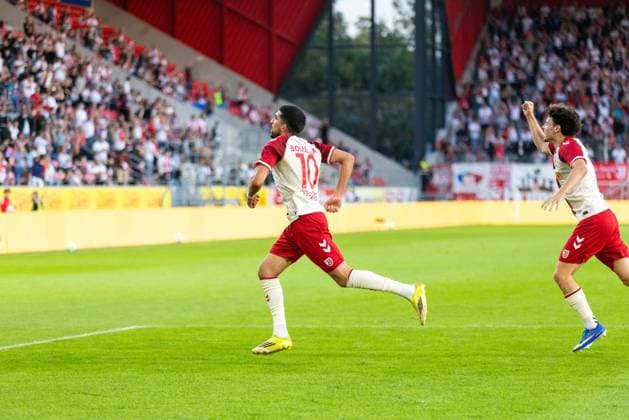 September 15, 2026, Soccer, GER, Season, 3rd Division, 2026–2027 Season, Matchday 6, SSV Jahn Regensburg vs. Fortuna Düsseldorf: Celebrations after Nassim Boujellab’s 1–0 goal. SSV Jahn Regensburg. DFL regulations prohibit any use of photographs as image sequences and or quasi-video.