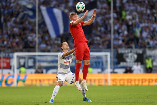 Kevin Schumacher of TSV Havelse and Conor Noss of MSV Duisburg battle for the ball during the 3. Liga match between MSV Duisburg and TSV Havelse at the Schauinsland Reisen Arena on September 15, 2026, in Duisburg, Germany. Photo by Oliver Kaelke, DeFodi Images. Kevin Schumacher of TSV Havelse and Conor Noss of MSV Duisburg battle for the ball during the 3. Liga match between MSV Duisburg and TSV Havelse at Schauinsland Reisen Arena on September 15, 2026 in Duisburg, Germany. Photo by Oliver Kaelke, DeFodi Images. DFB and DFL regulations prohibit any use of photographs as image sequences and or quasi-video. Photo by Oliver Kaelke, DeFodi Images.