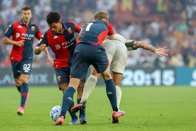 GenoaÕs David Puczka and GenoaÕs Alex Amorim fights for the ball with Sudtirol s Rares Burnete during the Italian Cup soccer match between Genoa and Sudtirol at the Luigi Ferraris Stadium in Genoa, Italy - Tuesday, September 15, 2026. - Soccer .  Copyright: xTanoxPecoraro LaPressex