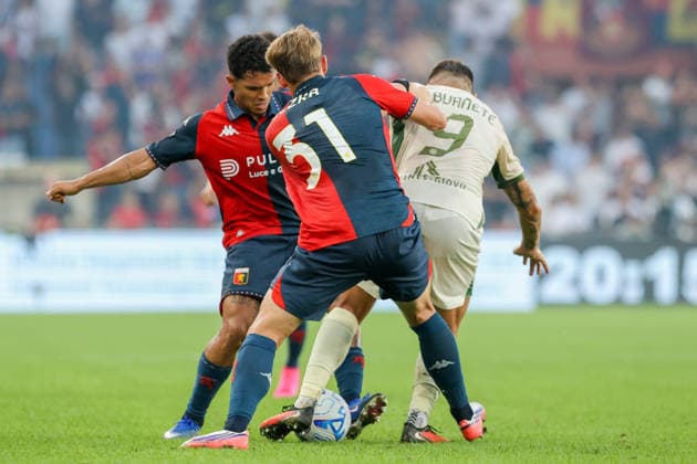 GenoaÕs David Puczka fights for the ball with Sudtirol s Rares Burnete during the Italian Cup soccer match between Genoa and Sudtirol at the Luigi Ferraris Stadium in Genoa, Italy - Tuesday, September 15, 2026. - Soccer .  Copyright: xTanoxPecoraro LaPressex