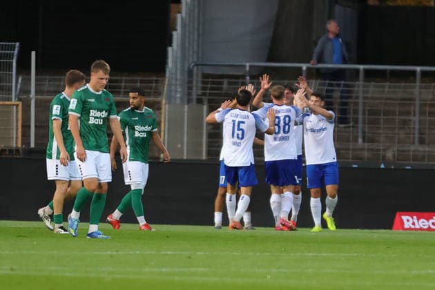 September 15, 2026, Soccer, Men s, 2026–2027 Season, Bavarian Regional League, Matchday 9: FC Schweinfurt 05 vs. FV Illertissen; FV Illertissen celebrates a 1–0 victory at the Riedel Bau Arena in Sachs, Lower Franconia, Bavaria, Germany