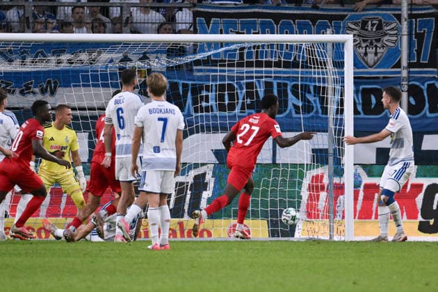 Donald Nduka of TSV Havelse scores the goal to make it 0–1 on September 15, 2026, Soccer, 3rd Division, 2026–27 season, Matchday 6, MSV Duisburg vs. TSV Havelse. DFB regulations prohibit any use of photographs as image sequences and or quasi-video. Duisburg, Schauinsland Reisen Arena, North Rhine-Westphalia, Germany Team2