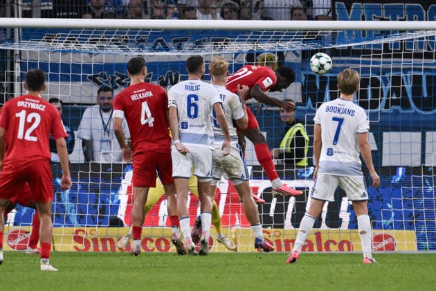 Donald Nduka of TSV Havelse (right) scores the 0–1 goal with this header on September 15, 2026, Soccer, 3rd Division, 2026–27 season, Matchday 6, MSV Duisburg vs. TSV Havelse. DFB regulations prohibit any use of photographs as image sequences and or quasi-video. Duisburg, Schauinsland Reisen Arena, North Rhine-Westphalia, Germany Team2