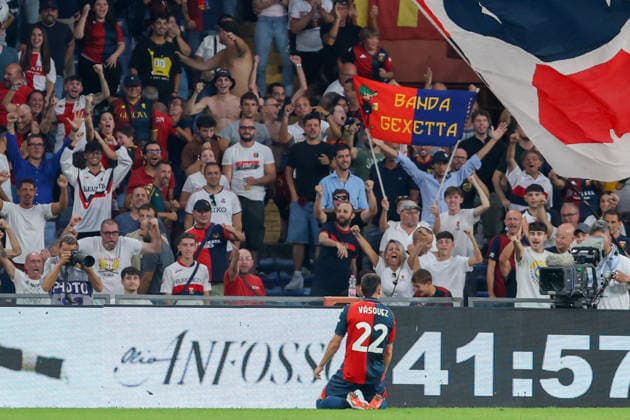 GenoaÕs Johan Vasquez celebrates after scoring a goal for his team during the Italian Cup soccer match between Genoa and Sudtirol at the Luigi Ferraris Stadium in Genoa, Italy - Tuesday, September 15, 2026. - Soccer .  Copyright: xTanoxPecoraro LaPressex