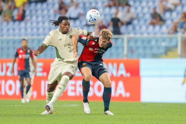 GenoaÕs David Puczka fights for the ball during the Italian Cup soccer match between Genoa and Sudtirol at the Luigi Ferraris Stadium in Genoa, Italy - Tuesday, September 15, 2026. - Soccer .  Copyright: xTanoxPecoraro LaPressex