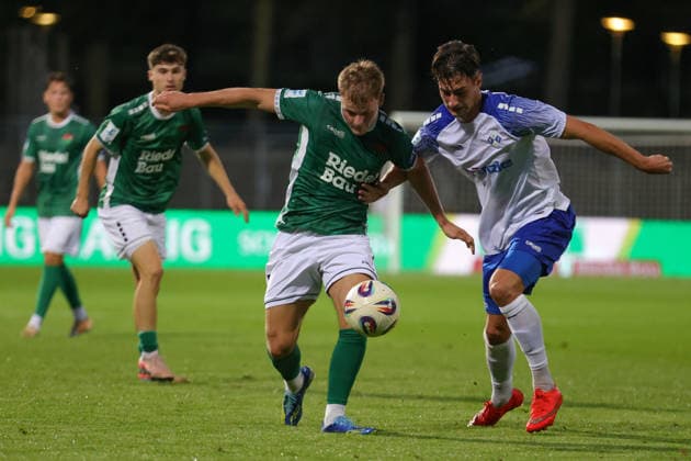 September 15, 2026, Soccer, Men s, 2026–2027 Season, Bavarian Regional League, Matchday 9: FC Schweinfurt 05 vs. FV Illertissen. From left: Gil Ebner (FC Schweinfurt 05, No. 8) in a duel with Eduard Hackmann (FV Illertissen, No. 23). Schweinfurt, Riedel Bau Arena at Sachs Stadium, Bavaria, Lower Franconia, Germany