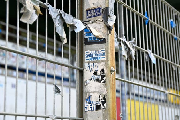 Haensch Arena, Emslandstadion, Meppen, view of the fence with stickers, fan stickers, SV Meppen vs. FC Viktoria Koeln fan section, soccer, 3rd Division, Matchday 6, 2026–2027 season, September 15, 2026, SV Meppen vs. FC Viktoria Cologne, soccer, 3rd Division, Matchday 6, 2026–2027 season, September 15, 2026, Meppen Copyright: xEibner-Pressefoto RobertxGertzenx EP_RGN