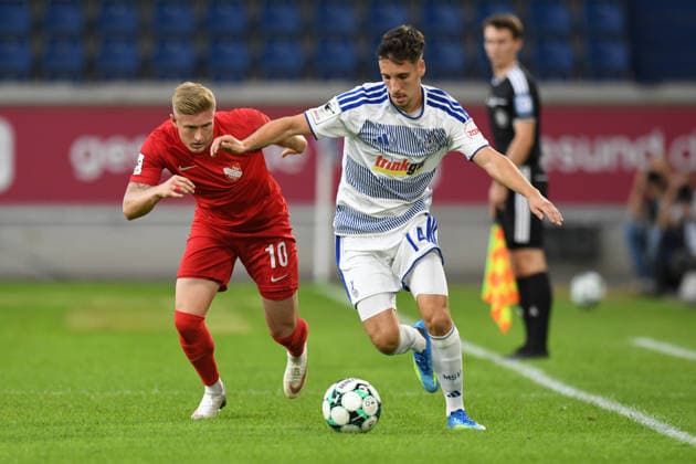 Conor Noss (MSV Duisburg), No. 14, in a tackle with Kevin Schumacher (TSV Havelse), No. 10 (GER), MSV Duisburg vs. TSV Havelse 1912, Soccer, 3rd League, Matchday 6, 2026–2027 season, September 15, 2026 DFL DFB regulations prohibit any use of photographs as image sequences and or quasi-video GER, MSV Duisburg vs. TSV Havelse 1912, Soccer, 3rd Division, Matchday 6, 2026–2027 Season, September 15, 2026, Duisburg Copyright: xEibner-Pressefoto ThomasxThienelx EP_TTL