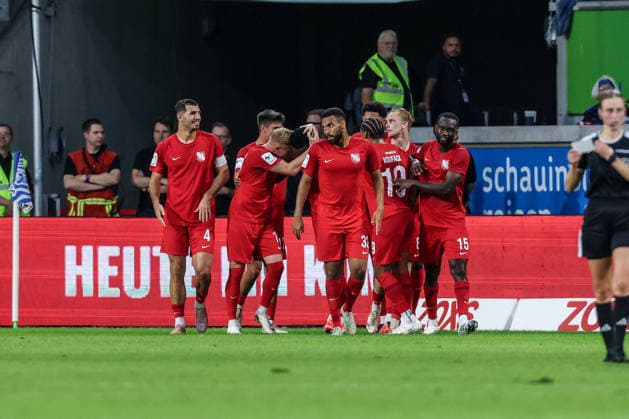 Sports, Soccer, 3rd Division, 2026–2027 Season, Matchday 6: MSV Duisburg vs. TSV Havelse, September 15, 2026, Schauinsland Reisen Arena: TSV Havelse celebrates after taking a 1–0 lead thanks to a goal by Donald Nduka (Havelse 27); the players are celebrating at the Schauinsland Reisen Arena in Duisburg, North Rhine-Westphalia, Germany