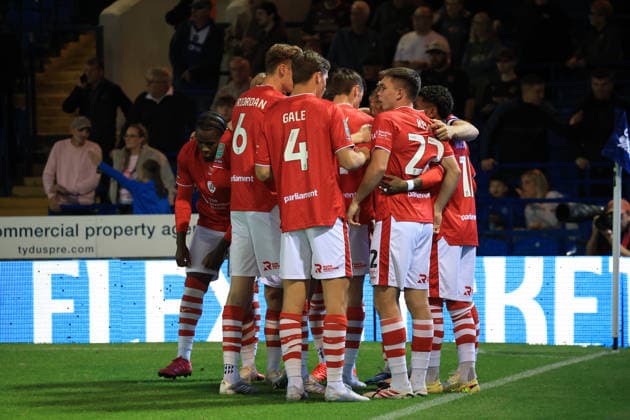 15th September 2026; Weston Homes Stadium, Peterborough, Cambridgeshire, England; Carabao Cup Football, Peterborough United versus Barnsley; Barnsley players celebrate their first goal JeremyxGowers-Cromie