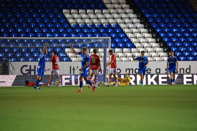 15th September 2026; Weston Homes Stadium, Peterborough, Cambridgeshire, England; Carabao Cup Football, Peterborough United versus Barnsley; Harry Leonard of Peterborough United celebrates his first goal JeremyxGowers-Cromie