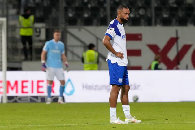 September 15, 2026, Hänsch Arena, Meppen, GER, 3. Liga, Matchday 6: SV Meppen vs. Viktoria Köln; Frustration for Cyrill Akono at SV Meppen 9 following the 1–3 loss. DFL REGULATIONS PROHIBIT ANY USE OF PHOTOGRAPHS AS IMAGE SEQUENCES AND OR QUASI-VIDEO. Meppen, Lower Saxony, Hänsch Arena