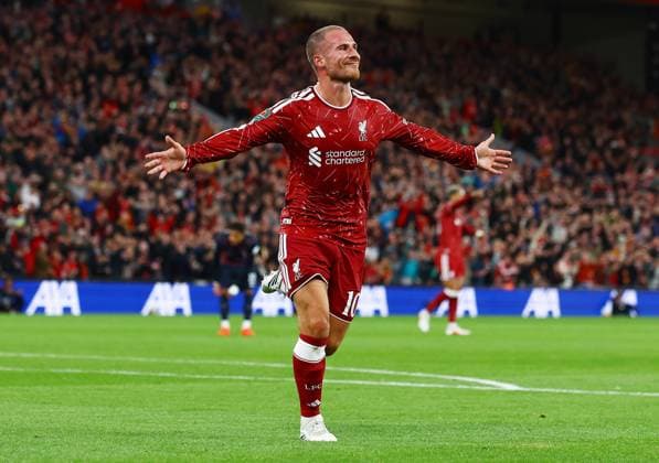 Alexis Mac Allister of Liverpool celebrates scoring the opening goal Liverpool v Tottenham Hotspur, EFL Carabao Cup, Football, Anfield, UK - 15 Sep 2026Liverpool Anfield United Kingdom EDITORIAL USE ONLY No use with unauthorised audio, video, data, fixture lists, club league logos or live services. Online in-match use limited to 120 images, no video emulation. No use in betting, games or single club league player publications. Copyright: xMattxWest Shutterstockx 17152603ab
