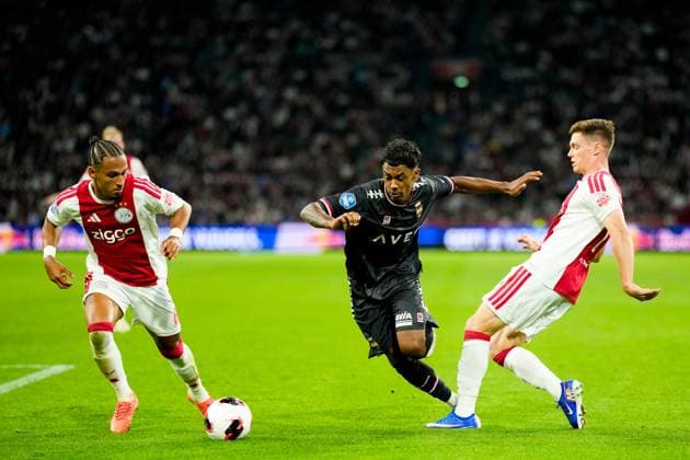 AMSTERDAM , 15-09-2026, Johan Cruijff ArenA , season 2026 2027 , Dutch Eredivisie football , match between Ajax and Willem II , Picture shows Ajax player Thilo Kehrer , Willem II player Jaden Slory and Ajax player Viktor Tsygankov Ajax - Willem II  x207103906x Copyright:
