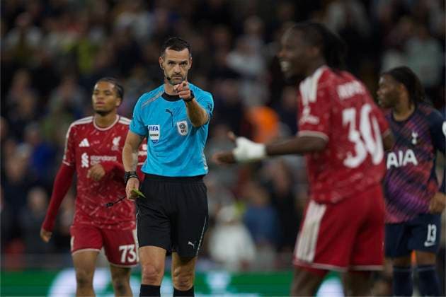 RECORD DATE NOT STATED Football - Football League Cup - 3rd Round - Liverpool FC v Tottenham Hotspur FC LIVERPOOL, ENGLAND - Tuesday, September 15, 2026: Liverpool s Jeremie Frimpong is shown a yellow card by referee Andrew Madley during the Football League Cup 3rd Round match between Liverpool FC and Tottenham Hotspur FC at Anfield. (Photo by David Rawcliffe Propaganda) LIVERPOOL Anfield MERSEYSIDE ENGLAND  Copyright: xDavidxRawcliffex 2026-09-15-Liverpool_v_Tottenham-057