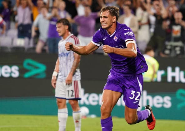 Fiorentina™s Mateo Pellegrino celebrates after scoring the goal of 1-0 during the Coppa Italia Frecciarossa soccer match between Fiorentina and Pisa at - Artemis Franchi Stadium in Florence (FI), center of Italy, Tuesday , September 15, 2026.  Copyright: xMarcoxBucco LaxPressex