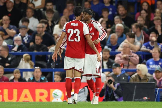 Ipswich Town v Arsenal, Carabao Cup Noni Madueke celebrates with Mikel Merino of Arsenal after scoring the second goal during the Ipswich Town v Arsenal Carabao Cup 3rd Round match at Portman Road, Ipswich, England on 15 September 2026 Credit: Tiego Grenho Every Second Media Editorial use only. All images are copyright Every Second Media Limited. No images may be reproduced without prior permission. All rights reserved. Premier League and Football League images are subject to licensing agreements with Football DataCo Limited. see https: www.football-dataco.com Copyright: xIMAGO EveryxSecondxMediax ESM-2165-0051 TiegoxGrenhox xEveryxSecondxMediax