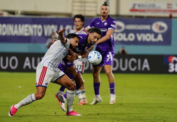 Fiorentina™s Joao Mario Neto fight for the ball with Pisa™s Pascal Marcel during the Coppa Italia Frecciarossa soccer match between Fiorentina and Pisa at - Artemis Franchi Stadium in Florence (FI), center of Italy, Tuesday , September 15, 2026.  Copyright: xMarcoxBucco LaxPressex
