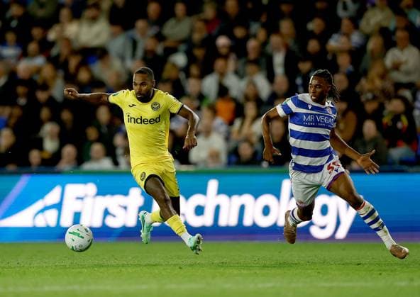 Rico Henry of Brentford gets away from Ashqar Ahmed of Reading Reading v Brentford, EFL Carabao Cup, Football, The Select Car Leasing Stadium, UK - 15 Sep 2026Reading The Select Car Leasing Stadium United Kingdom EDITORIAL USE ONLY No use with unauthorised audio, video, data, fixture lists, club league logos or live services. Online in-match use limited to 120 images, no video emulation. No use in betting, games or single club league player publications. Copyright: xMattxImpey Shutterstockx 17152698ag