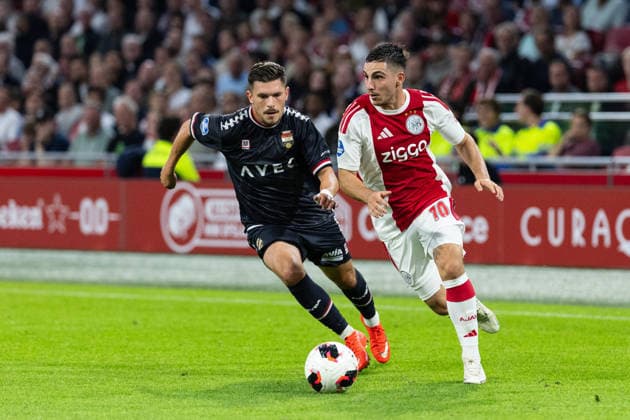 2026-09-15 VriendenLoterij Eredivisie: AFC Ajax v Willem II AMSTERDAM, NETHERLANDS - SEPTEMBER 15: Alessandro Ciranni of Willem II and Oscar Gloukh of AFC Ajax during the VriendenLoterij Eredivisie match between AFC Ajax and Willem II at Johan Cruijff Arena on September 15, 2026 in Amsterdam, Netherlands. Amsterdam Johan Cruijff Arena Netherlands Content not available for redistribution in The Netherlands directly or indirectly through any third parties. Copyright: xMarcelxvanxPlateringenx