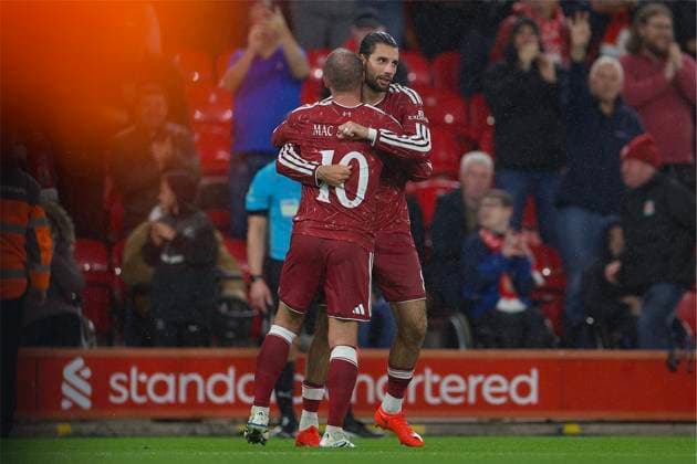 RECORD DATE NOT STATED Football - Football League Cup - 3rd Round - Liverpool FC v Tottenham Hotspur FC LIVERPOOL, ENGLAND - Tuesday, September 15, 2026: Liverpool s Dominik Szoboszlai celebrates with team-mate Alexis Mac Allister (L) after scoring the third goal during the Football League Cup 3rd Round match between Liverpool FC and Tottenham Hotspur FC at Anfield. (Photo by David Rawcliffe Propaganda) LIVERPOOL Anfield MERSEYSIDE ENGLAND  Copyright: xDavidxRawcliffex 2026-09-15-Liverpool_v_Tottenham-099