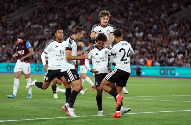 Oscar Bobb of Fulham celebrates scoring a goal to make the score 2-3 West Ham United v Fulham, EFL Carabao Cup, Football, London Stadium, London, UK - 15 Sep 2026London London Stadium United Kingdom EDITORIAL USE ONLY No use with unauthorised audio, video, data, fixture lists, club league logos or live services. Online in-match use limited to 120 images, no video emulation. No use in betting, games or single club league player publications. No use w Copyright: xKieranxMcManus Shutterstockx 17152599et
