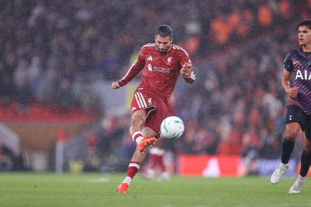 Fußball: Carabao Cup, 3. Runde – Liverpool gegen Tottenham Hotspur, 15. September 2026 Carabao Cup, 3. Runde – Liverpool gegen Tottenham Hotspur: Dominik Szoboszlai von Liverpool erzielt das dritte Tor. Foto: Simon Stacpoole. Abseits. Liverpool, Großbritannien  Copyright: xSimonxStacpoolexOffside