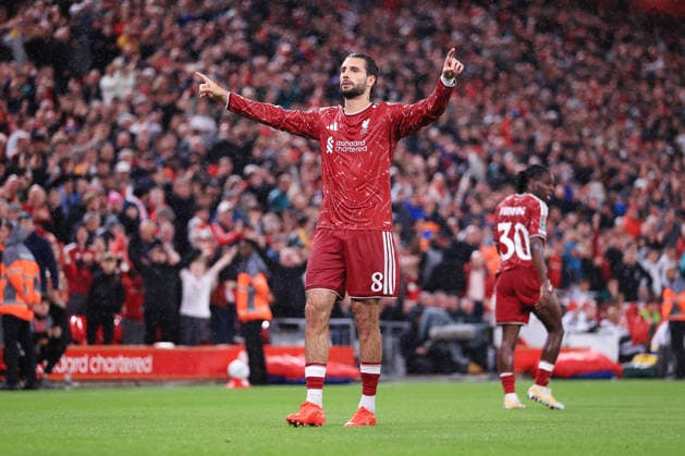 Fußball: Carabao Cup, 3. Runde – Liverpool gegen Tottenham Hotspur, 15. September 2026 Carabao Cup, 3. Runde – Liverpool gegen Tottenham Hotspur Dominik Szoboszlai von Liverpool jubelt nach dem dritten Tor. Foto: Simon Stacpoole Offside Liverpool, Großbritannien  Copyright: xSimonxStacpoolexOffside