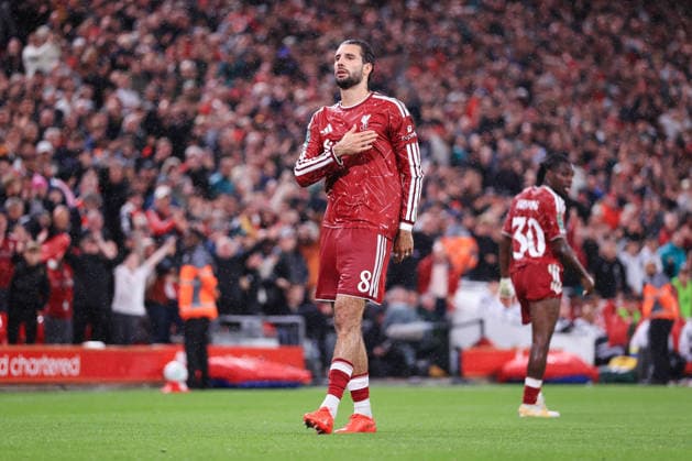 Fußball: Carabao Cup, 3. Runde – Liverpool gegen Tottenham Hotspur, 15. September 2026 Carabao Cup, 3. Runde – Liverpool gegen Tottenham Hotspur Dominik Szoboszlai von Liverpool jubelt nach dem dritten Tor. Foto: Simon Stacpoole Offside Liverpool, Großbritannien  Copyright: xSimonxStacpoolexOffside
