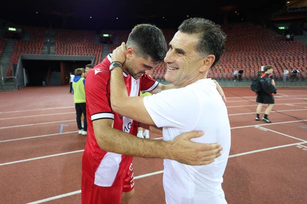 September 15, 2026, Zurich, SWITZERLAND, Letzigrund Stadium, Zurich, Soccer, 2026–2027 Season, Men s Soccer Super League, Grasshopper Club Zurich vs. FC Sion, Rilind Nivokazi, Coach Didier Tholot, FC Sion after the game