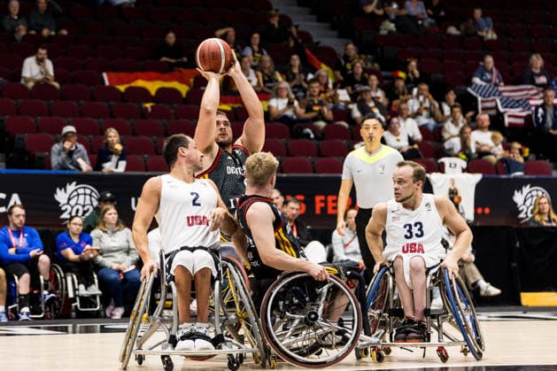 OTTAWA, CANADA - SEPTEMBER 15: Matthias Guentner (Güntner, Germany, 6) controls the ball against Jacob Jake Williams (USA, 2) and John Boie (USA, 33) during the Ottawa IWBF Wheelchair Basketball World Championships match between Germany vs. USA at Arena at TD Place on matchday 7 of the Ottawa IWBF Wheelchair Basketball World Championships on September 15, 2026 in Ottawa, Canada. Canada Copyright: xSteffiexWunderlx