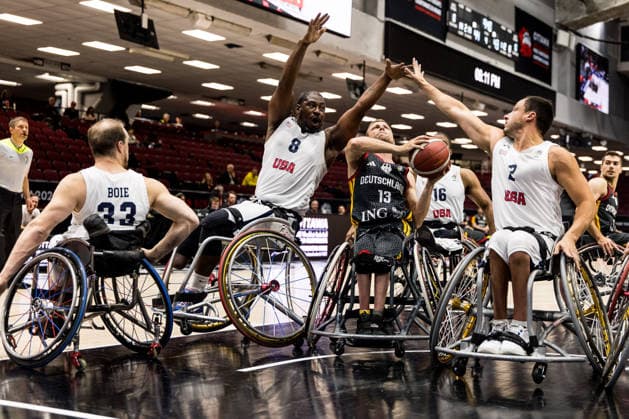 OTTAWA, CANADA - SEPTEMBER 15: Thomas Boehme (Böhme, Germany, 13) controls the ball against Brian Bell (USA, 8) and Jacob Jake Williams (USA, 2) during the Ottawa IWBF Wheelchair Basketball World Championships match between Germany vs. USA at Arena at TD Place on matchday 7 of the Ottawa IWBF Wheelchair Basketball World Championships on September 15, 2026 in Ottawa, Canada. Canada Copyright: xSteffiexWunderlx