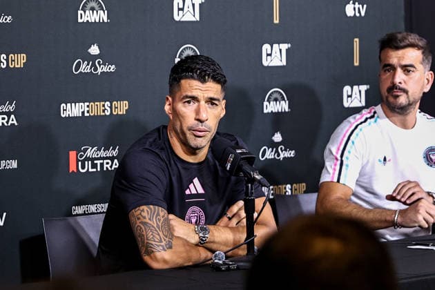 FORT LAUDERDALE, FL - SEPTEMBER 15: Forward Luis Suarez (9) of Inter Miami CF speaks to the media at the Inter Miami Stadium ahead of the 2026 Michelob ULTRA Campeones Cup on September 15, 2026 in Fort Lauderdale, Florida. (Photo by Chris Arjoon Icon Sportswire) SOCCER: SEP 15 Inter Miami CF Training EDITORIAL USE ONLY Icon2609150000053