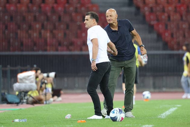 September 15, 2026, Zurich, SWITZERLAND, Letzigrund Stadium, Zurich, Soccer Season 2026–2027, Men’s Soccer Super League: Grasshopper Club Zurich vs. FC Sion. The two coaches, Didier Tholot (FC Sion) and Peter Zeidler (GC), after the game