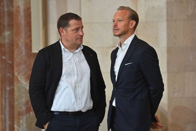 From left: Max EBERL, Sports Director of FC Bayern Munich; Rouven KASPER, Marketing Director of FCB; Markus SOEDER, Minister-President of Bavaria and CSU Chairman, welcomes the championship teams of FC Bayern Munich in the Kuppelsaal at the State Chancellery in Munich on September 16, 2026