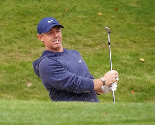 Golf - DP World Tour (European Tour) ˜Rolex Series™ - 2026 BMW PGA, Golf Herren Championship - Celebrity Pro-Am Round - West Course, Wentworth Club - Wednesday 16th September 2026 Rory McIlroy in a bunker at the 18th hole 