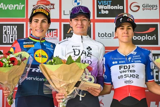 Italian Elisa Balsamo of Lidl-Trek; Dutch Karlijn Swinkels of UAE Team ADQ and French Celia Gery of FDJ United-SUEZ pictured on the podium after the one day cycling race Grand Prix de Wallonie 2026 (127,5 km), in Namur, on Wednesday 16 September 2026. DAVIDxPINTENS  x186635967x