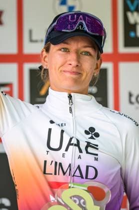 Dutch Karlijn Swinkels of UAE Team ADQ pictured on the podium after the one day cycling race Grand Prix de Wallonie 2026 (127,5 km), in Namur, on Wednesday 16 September 2026. DAVIDxPINTENS  x186635957x