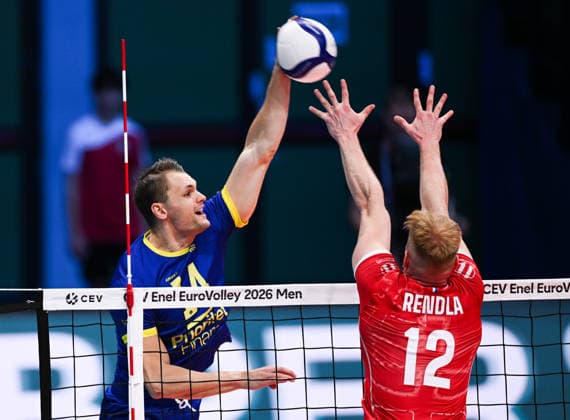 September 16, 2026: Jacob Link of Sweden and Martin Rendla of Slovakia during the CEV EuroVolley 2026 group stage volleyball match between Sweden and Slovakia on September 16, 2026 in Modena. Photo by Matteo Gribaudi, BILDBYRAN COP 18 XY0130 volleyball volleyball volleyball European Championship Sweden Slovakia CEV EuroVolley 2026 Sweden Slovakia bbeng  Copyright: MATTEOxGRIBAUDI BB260916BB153