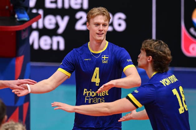 September 16, 2026: Axel Algulin and Oskar von Sydow of Sweden celebrate during the CEV EuroVolley 2026 group stage volleyball match between Sweden and Slovakia on September 16, 2026 in Modena. Photo by Matteo Gribaudi, BILDBYRAN COP 18 XY0130 volleyball volleyball volleyball European Championships Sweden Slovakia CEV EuroVolley 2026 Sweden Slovakia BBENG celebration  Copyright: MATTEOxGRIBAUDI BB260916BB177