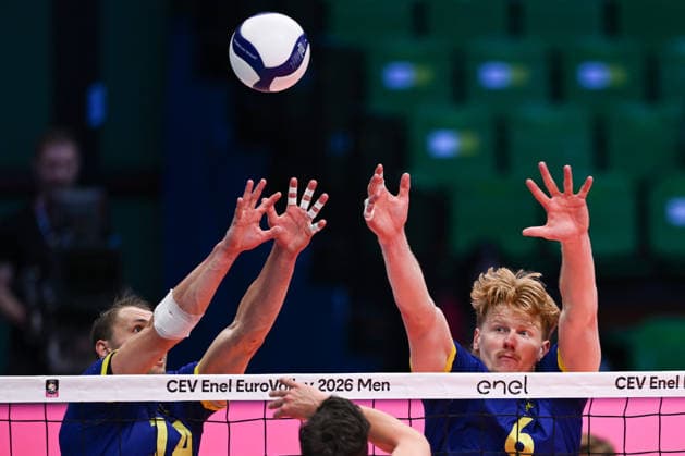 September 16, 2026: Jacob Link and Jacob Ekman of Sweden during the CEV EuroVolley 2026 group stage volleyball match between Sweden and Slovakia on September 16, 2026 in Modena. Photo by Matteo Gribaudi, BILDBYRAN COP 18 XY0130 volleyball volleyball volleyball European Championships Sweden Slovakia CEV EuroVolley 2026 Sweden Slovakia bbeng  Copyright: MATTEOxGRIBAUDI BB260916BB178