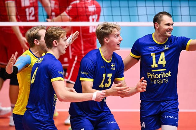 September 16, 2026: Axel Algulin, Joel Andersson, Axel Enlund, and Jacob Link of Sweden during the CEV EuroVolley 2026 group stage volleyball match between Sweden and Slovakia on September 16, 2026 in Modena. Photo by Matteo Gribaudi, BILDBYRAN COP 18 XY0130 volleyball volleyball volleyball European Championships Sweden Slovakia CEV EuroVolley 2026 Sweden Slovakia bbeng  Copyright: MATTEOxGRIBAUDI BB260916BB185